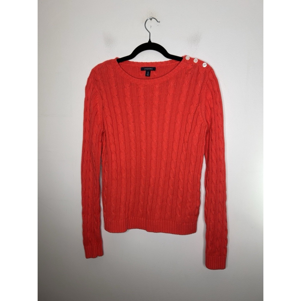 Lands' End Cable Knit Pullover Thick Sweater Orange Button Detail Size Small 6-8